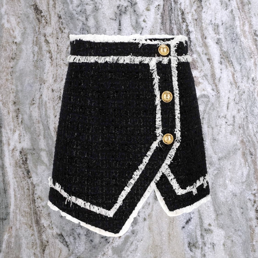 BALMAIN Black & White Asymmetric Tweed Skirt Gold Buttons